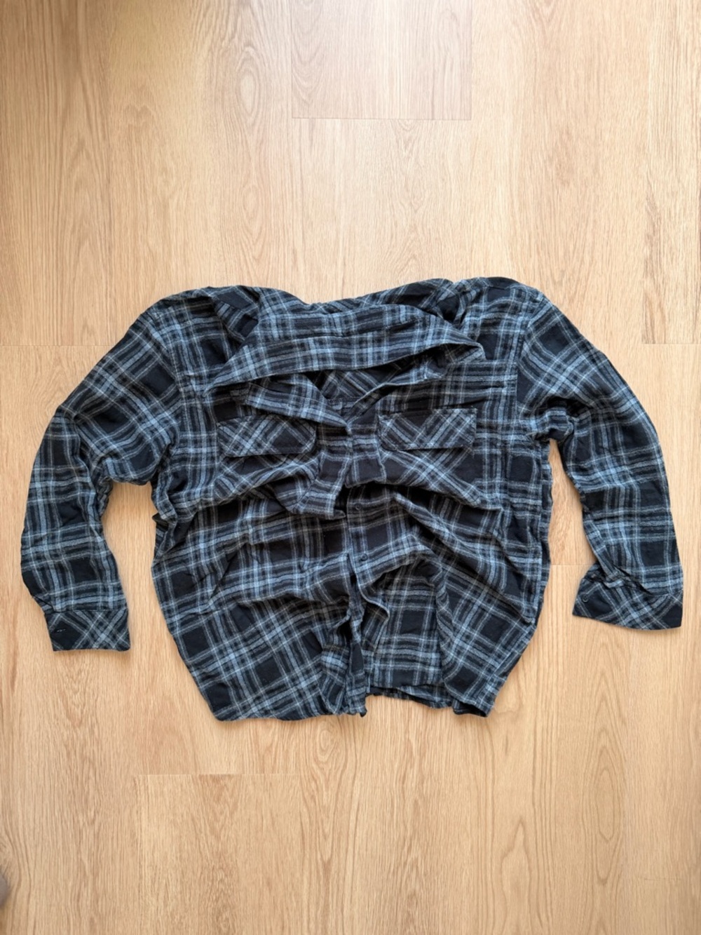 Plaid Ruffle-Front Shirt - Black/Gray